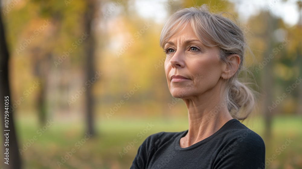 Reflective woman enjoying a peaceful moment in a serene park during autumn Reflective woman enjoying a peaceful moment in a serene park during autumn