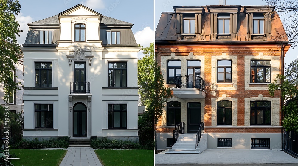 Fototapeta premium Two distinct architectural styles of houses showcasing modern and traditional design elements.