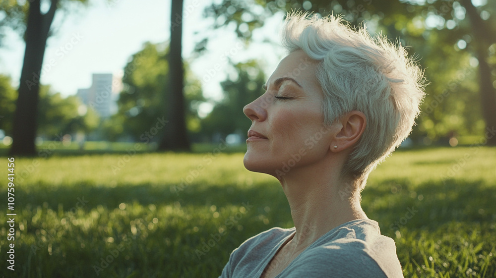 Woman enjoying a peaceful moment in a sunny park with grass and trees during afternoon Woman enjoying a peaceful moment in a sunny park with grass and trees during afternoon
