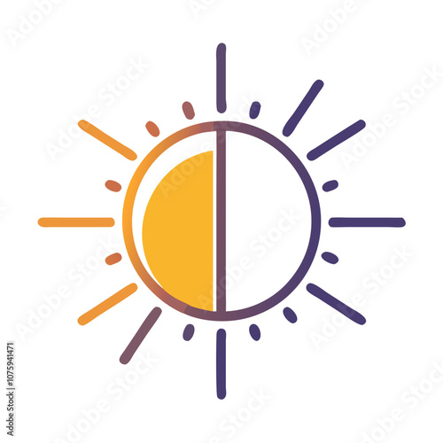Day and night sun icon with rays, Vector illustration of a sun icon split into day and night halves, featuring sun rays, symbolizing brightness and contrast.

