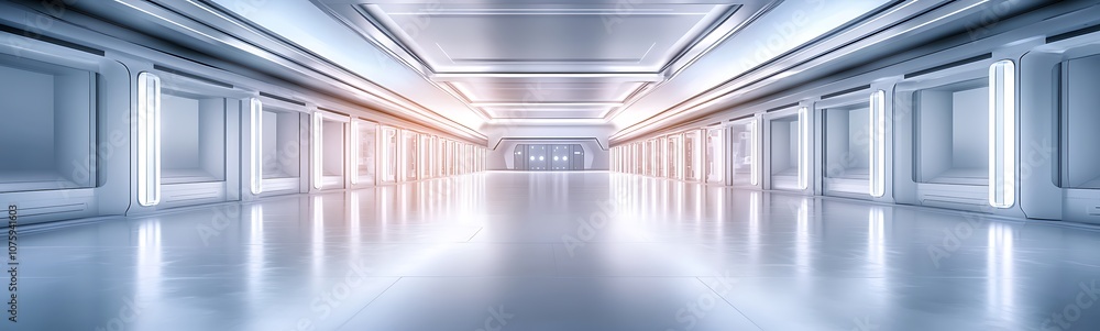 A futuristic, bright corridor with smooth surfaces and ambient lighting, creating a spacious and modern atmosphere. A futuristic, bright corridor with smooth surfaces and ambient lighting, creating a spacious and modern atmosphere.