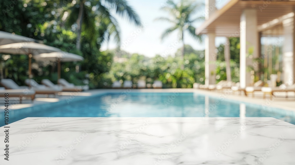 Marble Tabletop with Blurred Pool and Tropical Background Marble Tabletop with Blurred Pool and Tropical Background