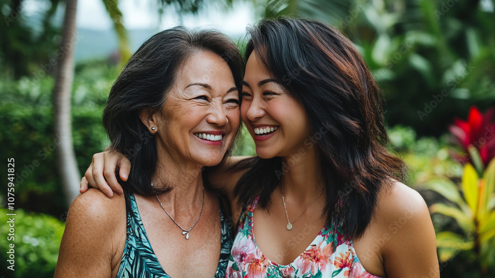 Two women enjoying a joyful moment together in a lush garden during a sunny day Two women enjoying a joyful moment together in a lush garden during a sunny day