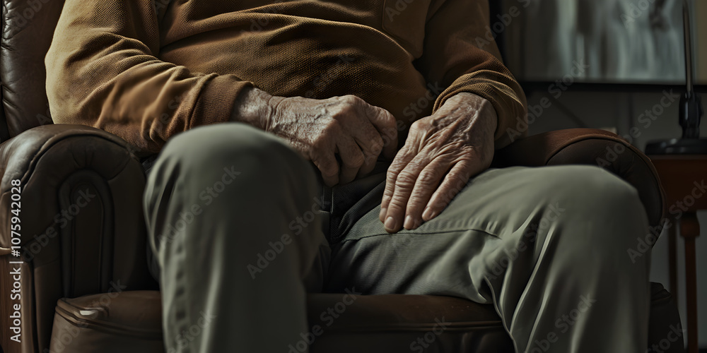 Aged Hands, Life's Journey: A close-up shot of an elderly man's hands, resting gently on his lap, conveying a sense of quiet contemplation and the passage of time. Aged Hands, Life's Journey: A close-up shot of an elderly man's hands, resting gently on his lap, conveying a sense of quiet contemplation and the passage of time.
