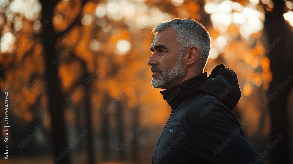 A contemplative man walking through an autumn park with golden leaves at dusk A contemplative man walking through an autumn park with golden leaves at dusk