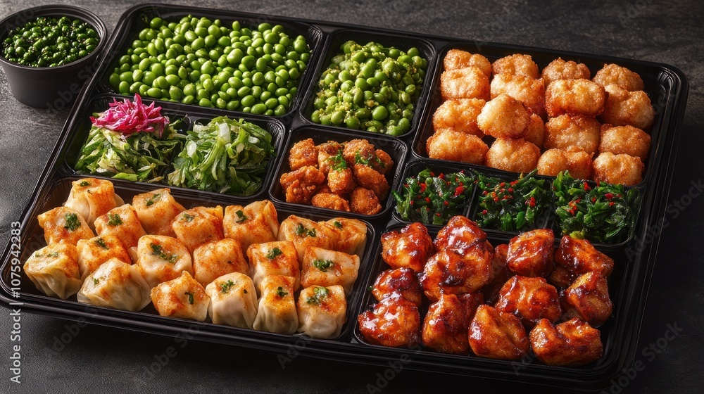 A platter of Chinese food with dumplings, fried chicken, and vegetables. A platter of Chinese food with dumplings, fried chicken, and vegetables.