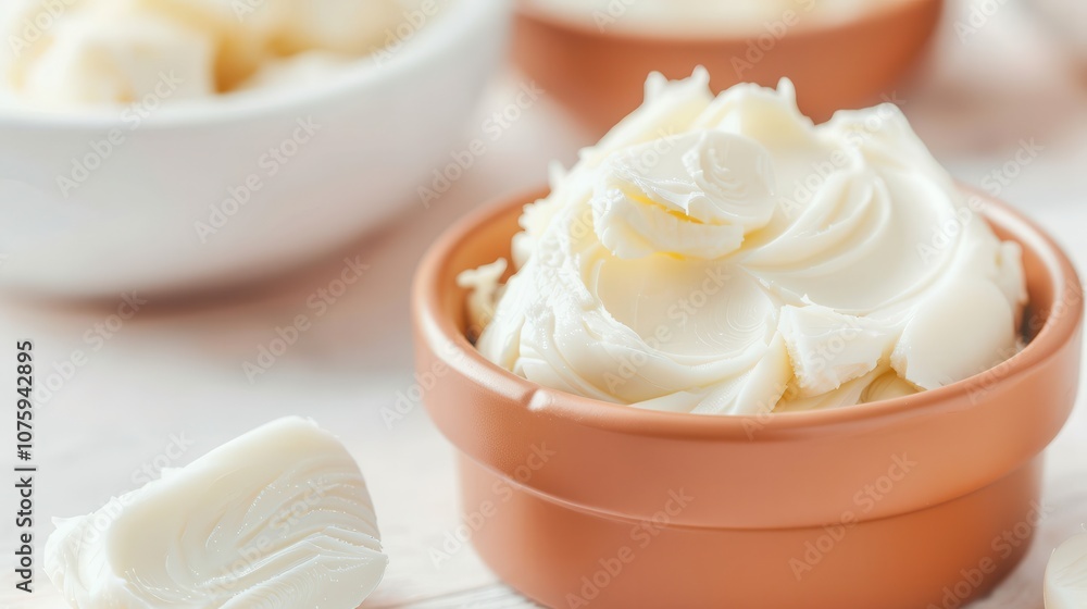 Palm oil shea butter. The image showcases creamy butter or a similar spread in charming ceramic bowls, highlighting its smooth texture and fresh appearance. Palm oil shea butter. The image showcases creamy butter or a similar spread in charming ceramic bowls, highlighting its smooth texture and fresh appearance.