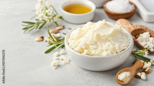 Palm oil shea butter. A creamy bowl of cottage cheese surrounded by olive oil, herbs, and salt, evoking a fresh, wholesome culinary setting.