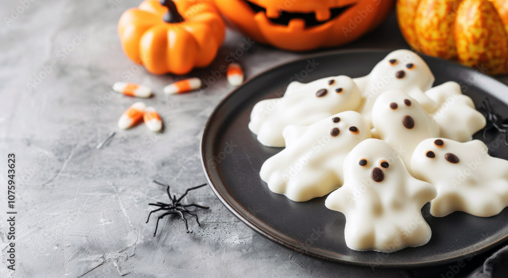 Delicious ghost-shaped desserts are arranged on a plate, surrounded by festive pumpkins and candy, capturing the Halloween spirit Delicious ghost-shaped desserts are arranged on a plate, surrounded by festive pumpkins and candy, capturing the Halloween spirit