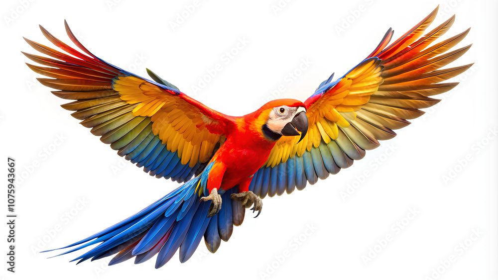Obraz premium Flying Parrot with vibrant on white background, Clipping path