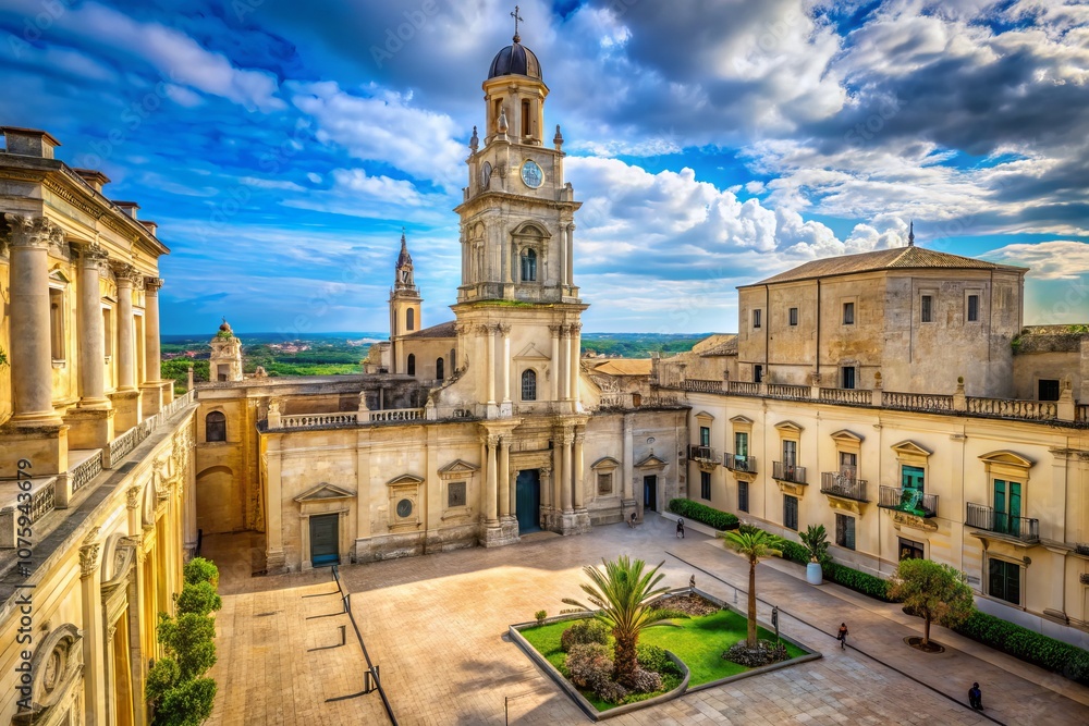 Fototapeta premium Panoramic View of the Stunning Lecce Cathedral in Puglia, Italy - Architectural Marvel Surrounded by Vibrant Piazza and Historic Buildings - Travel Destination 2024