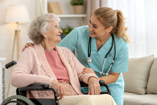 Elderly woman in a wheelchair accompanied by health worker