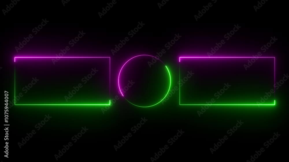 Abstract neon glowing rectangle and circle frame background . animation on black screen. Abstract neon glowing rectangle and circle frame background . animation on black screen.