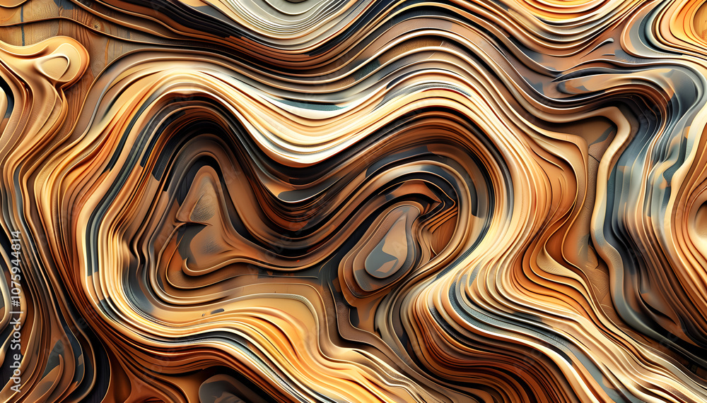 An abstract composition featuring swirling patterns in warm golden and brown tones, creating a dynamic flow reminiscent of natural elements.