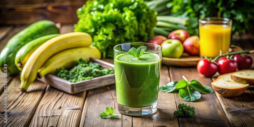 Refreshing Glass of Green Detox Smoothie Surrounded by Fresh Fruits and Vegetables in a Tilt-Shift Photography Style to Inspire Healthy Living and Nutritional Choices Refreshing Glass of Green Detox Smoothie Surrounded by Fresh Fruits and Vegetables in a Tilt-Shift Photography Style to Inspire Healthy Living and Nutritional Choices