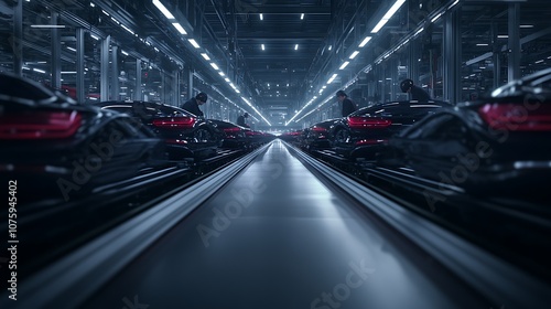 A futuristic car manufacturing facility with rows of sleek black vehicles, illuminated by bright overhead lights, showcasing advanced automotive technology. photo