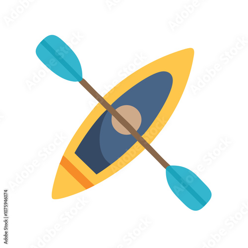 Kayak icon with paddle in flat design, Vector illustration of a kayak and paddle in a simple flat design, representing water sports, adventure, and recreational activities.
