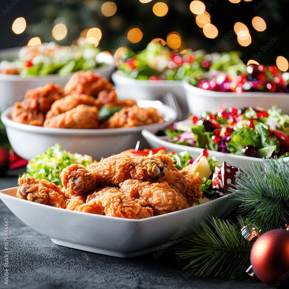 Delicious fried chicken with fresh salads served on a festive table. Delicious fried chicken with fresh salads served on a festive table.