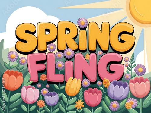 Spring Fling Text with Flowers and Sun