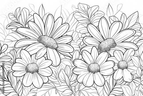 Wallpaper Mural A vibrant illustration featuring large daisies and delicate leaves, showcasing intricate details in black and white, perfect for nature lovers. Torontodigital.ca