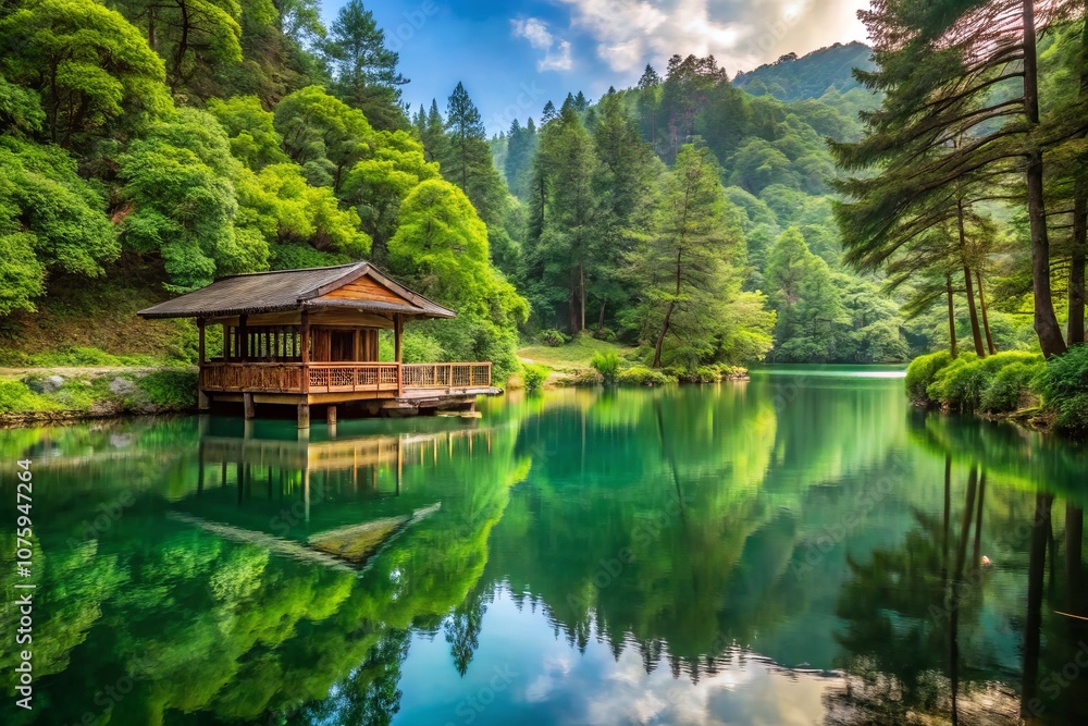 Serene Hut on a Tranquil Lake Surrounded by Lush Forest in Alishan National Park, Taiwan - A Perfect Blend of Nature and Peaceful Retreat for Relaxation and Reflection Serene Hut on a Tranquil Lake Surrounded by Lush Forest in Alishan National Park, Taiwan - A Perfect Blend of Nature and Peaceful Retreat for Relaxation and Reflection