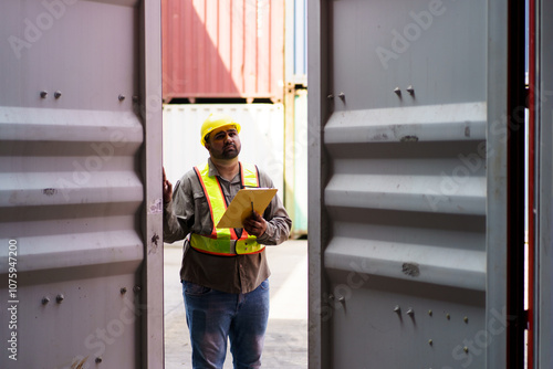 Custom officer is performing the inspection in container yard.