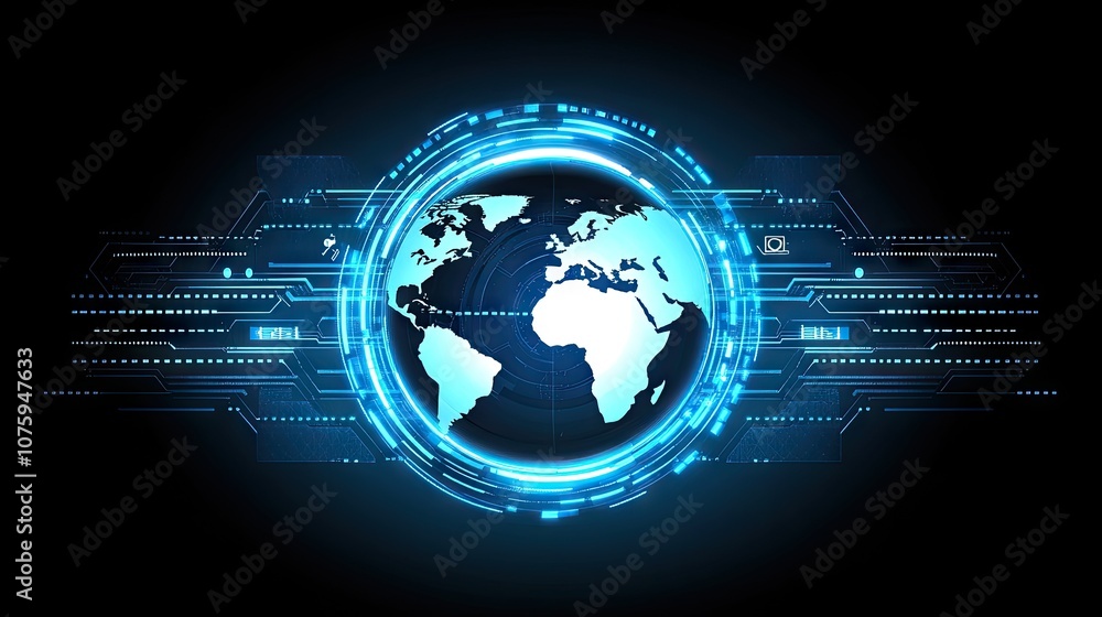 Futuristic Digital World Map with Abstract Technology Elements in Blue and Black Background for Global Connectivity and Data Visualization Concepts Futuristic Digital World Map with Abstract Technology Elements in Blue and Black Background for Global Connectivity and Data Visualization Concepts
