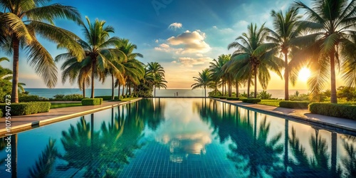 Serene Long Pool Surrounded by Lush Palm Trees, Perfect for Relaxation and Tropical Vibes in Summer Getaways, Ideal for Travel and Leisure Photography