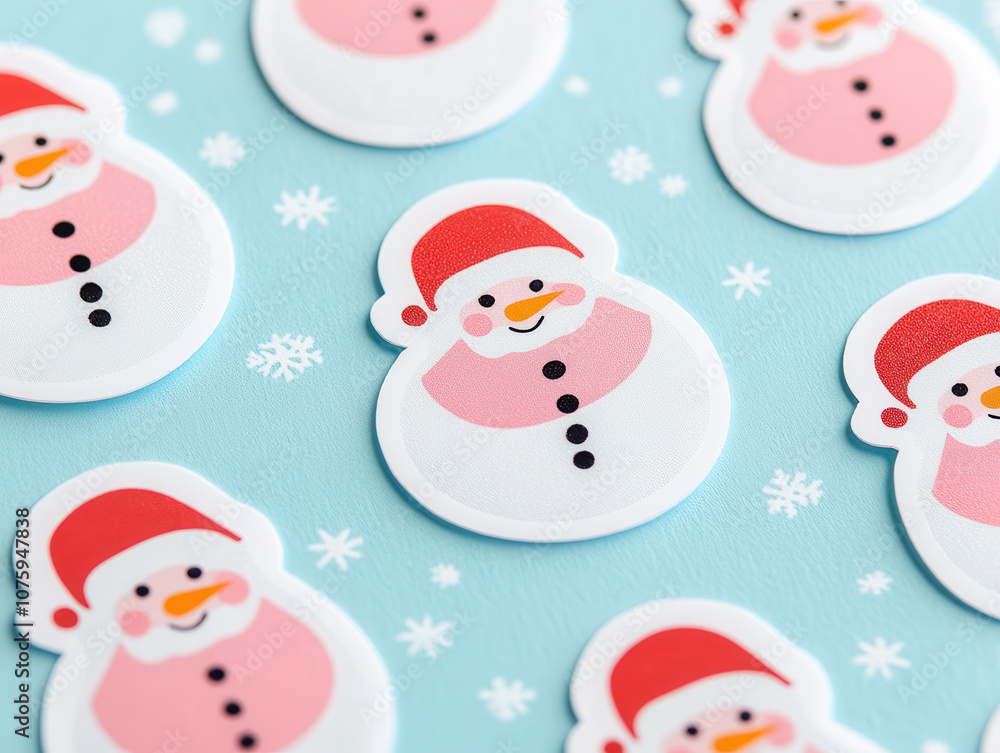 Cute snowman stickers on blue background with snowflakes, perfect for Christmas decorations and crafts. These vibrant designs add festive touch to any project