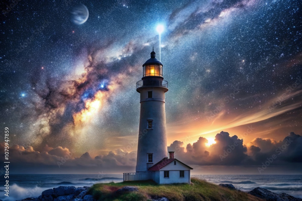 a lighthouse is lit up at night with a star in the sky a lighthouse is lit up at night with a star in the sky