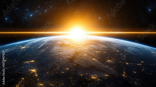 Stunning Sunrise Over Earth from Space Captured in High Resolution Showcasing Vibrant Colors and Celestial Beauty with Stars in Background