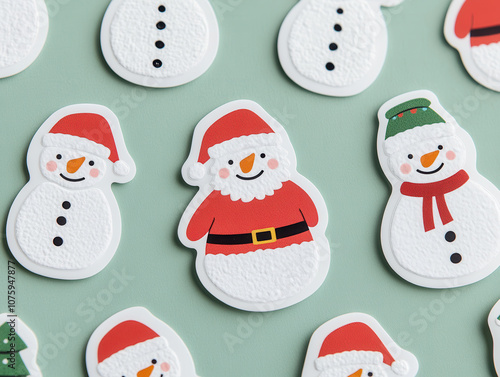 Cute Christmas stickers featuring snowmen and Santa Claus designs, perfect for holiday decorations and crafts. These whimsical characters add festive touch to any project