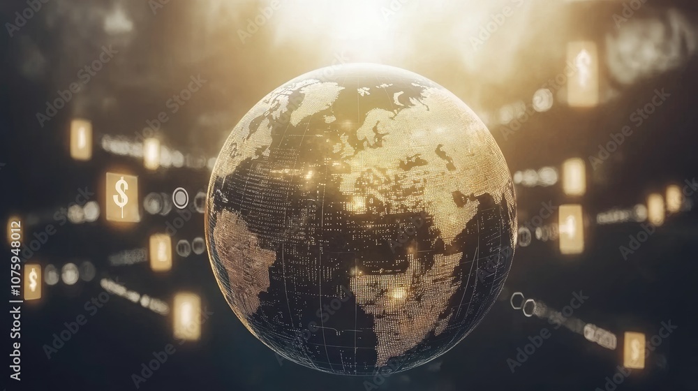 Glowing World Globe Surrounded by Digital Currency Symbols Representing Global Finance and Economic Connections in a Modern Business Landscape Glowing World Globe Surrounded by Digital Currency Symbols Representing Global Finance and Economic Connections in a Modern Business Landscape