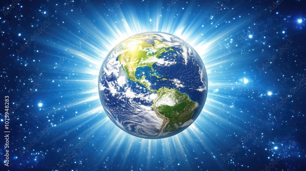 Fototapeta premium A Stunning View of Earth from Space Surrounded by Brilliant Cosmic Light and Stars, Showcasing the Planet's Beauty and Vastness in the Universe