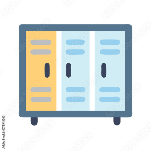 Colorful locker icon in flat style, Vector illustration of a row of school lockers with blue and yellow doors, symbolizing storage and organization in educational settings.
