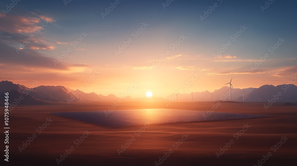 Fototapeta premium A serene sunset over a vast landscape featuring solar panels and a wind turbine against colorful clouds.