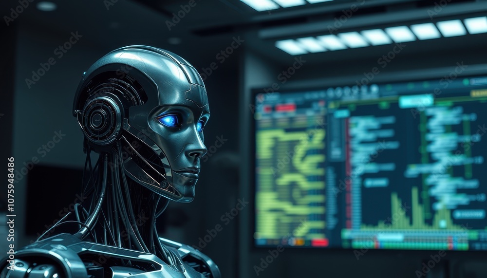 a robot standing in front of a large computer screen displaying data a robot standing in front of a large computer screen displaying data