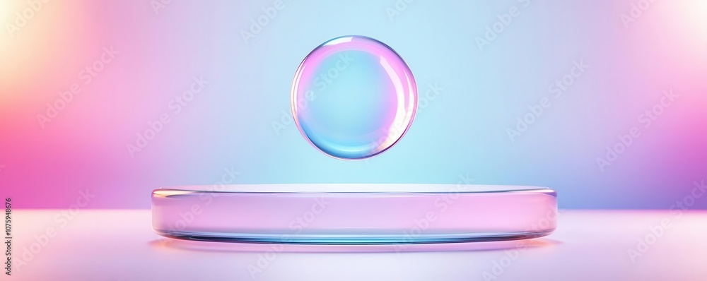A translucent sphere hovers above a circular base, surrounded by vibrant pink and blue lighting, creating a modern and futuristic aesthetic. A translucent sphere hovers above a circular base, surrounded by vibrant pink and blue lighting, creating a modern and futuristic aesthetic.