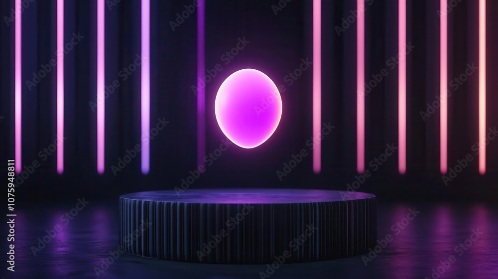 A glowing, floating purple sphere hovers above a circular platform, surrounded by vibrant vertical lights in a dark setting. A glowing, floating purple sphere hovers above a circular platform, surrounded by vibrant vertical lights in a dark setting.