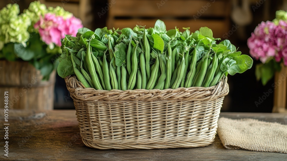 Fresh green beans overflowing from wicker basket on rustic table Fresh green beans overflowing from wicker basket on rustic table