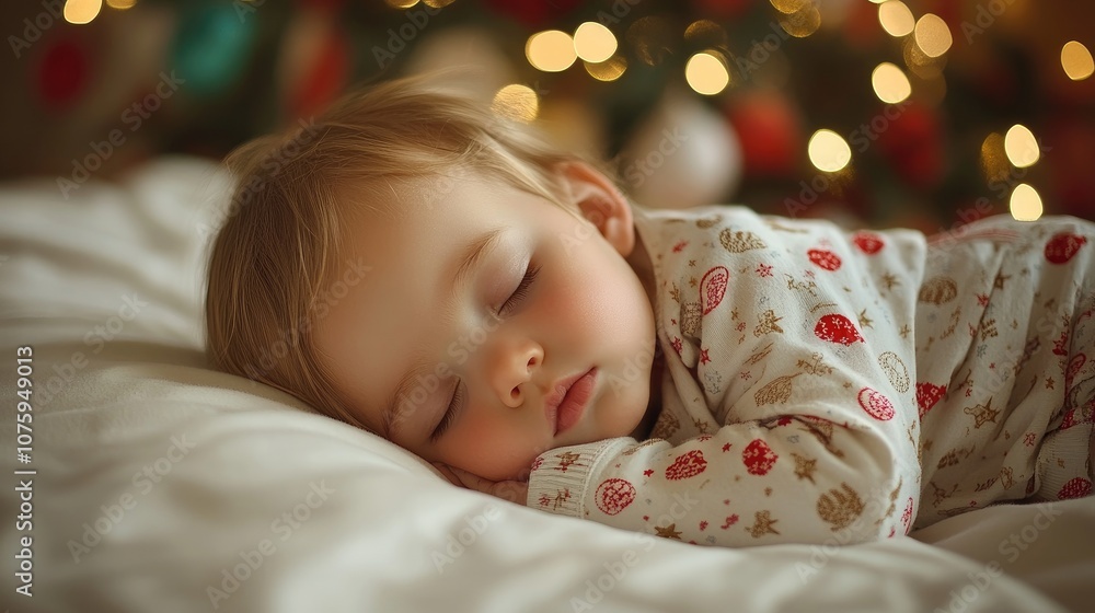 Baby sleeping peacefully near christmas tree lights Baby sleeping peacefully near christmas tree lights