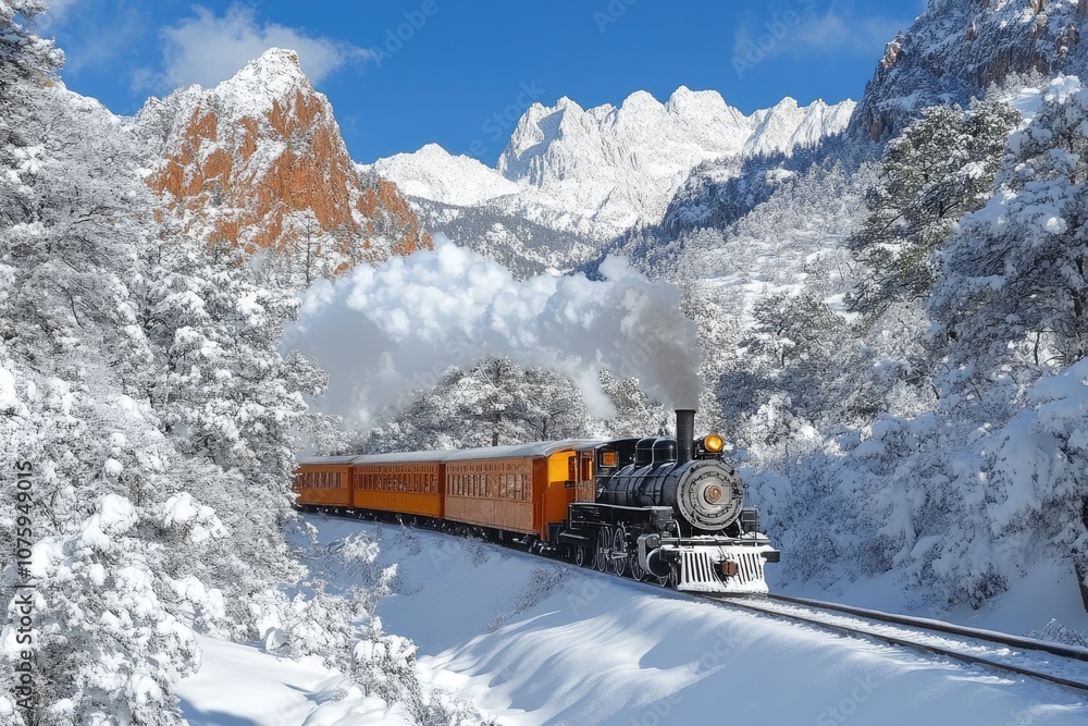 Old steam train moving through snowy mountains in winter Old steam train moving through snowy mountains in winter