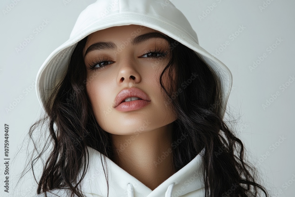 Fashion model wearing white bucket hat and hoodie posing in studio Fashion model wearing white bucket hat and hoodie posing in studio