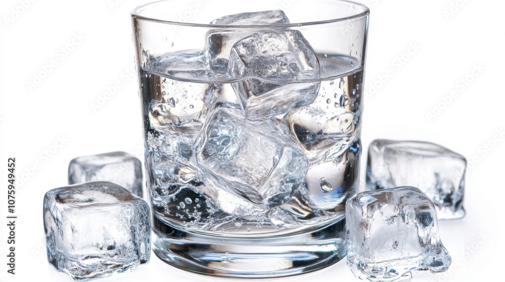 Refreshing Water in Transparent Glass with Ice Cubes, Showing Water Droplets - Close-up View Refreshing Water in Transparent Glass with Ice Cubes, Showing Water Droplets - Close-up View