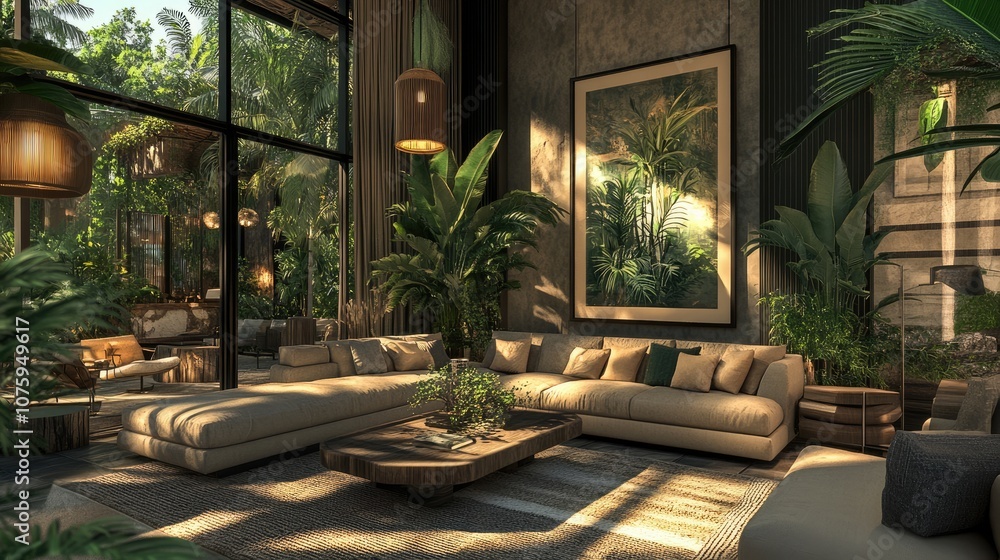 Fototapeta premium Elegant and Serene Indoor Living Space Featuring Lush Greenery, Natural Light, and Contemporary Furniture in a Tranquil Atmosphere