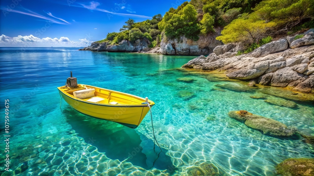 Serene Secluded Cove with a Small Yellow Boat Amidst Crystal Clear Blue and Turquoise Waters, Perfect for Tropical Escape and Relaxation Serene Secluded Cove with a Small Yellow Boat Amidst Crystal Clear Blue and Turquoise Waters, Perfect for Tropical Escape and Relaxation