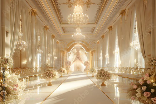 A stunning ballroom adorned with elegant chandeliers and floral arrangements, perfect for a luxurious wedding ceremony.