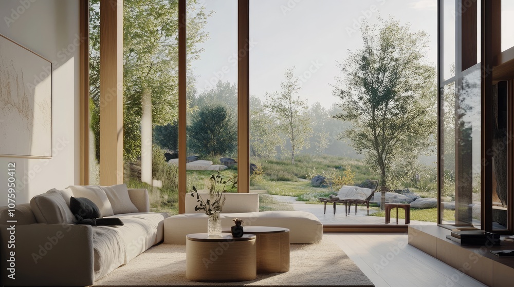 Serene Modern Living Room with Expansive Windows Overlooking Lush Garden and Tranquil Nature Scene in Bright Daylight Serene Modern Living Room with Expansive Windows Overlooking Lush Garden and Tranquil Nature Scene in Bright Daylight