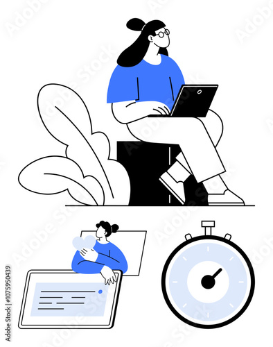 Laptop-using woman sitting outdoors man reading from tablet stopwatch. Ideal for productivity, time management, remote work, digital reading, online learning, multitasking, efficiency. Line