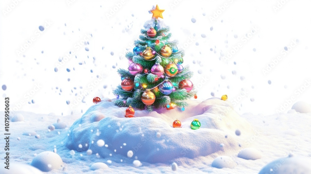 3D cartoon-style illustration of a small, round snow mound with a festive, brightly decorated Christmas tree growing on top. The tree has colorful, oversized ornaments and cheerful, twinkling lights. 3D cartoon-style illustration of a small, round snow mound with a festive, brightly decorated Christmas tree growing on top. The tree has colorful, oversized ornaments and cheerful, twinkling lights.